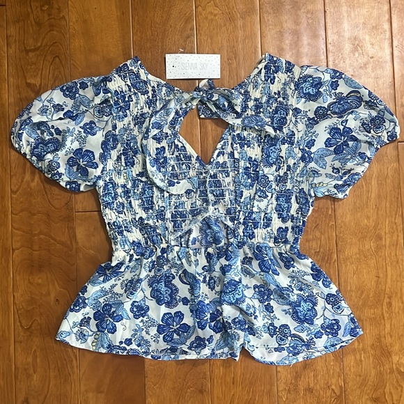 SIENNA SKY Floral Peplum Open Back Top Size L Blue Cottage Fairy Coquette - Picture 5 of 10